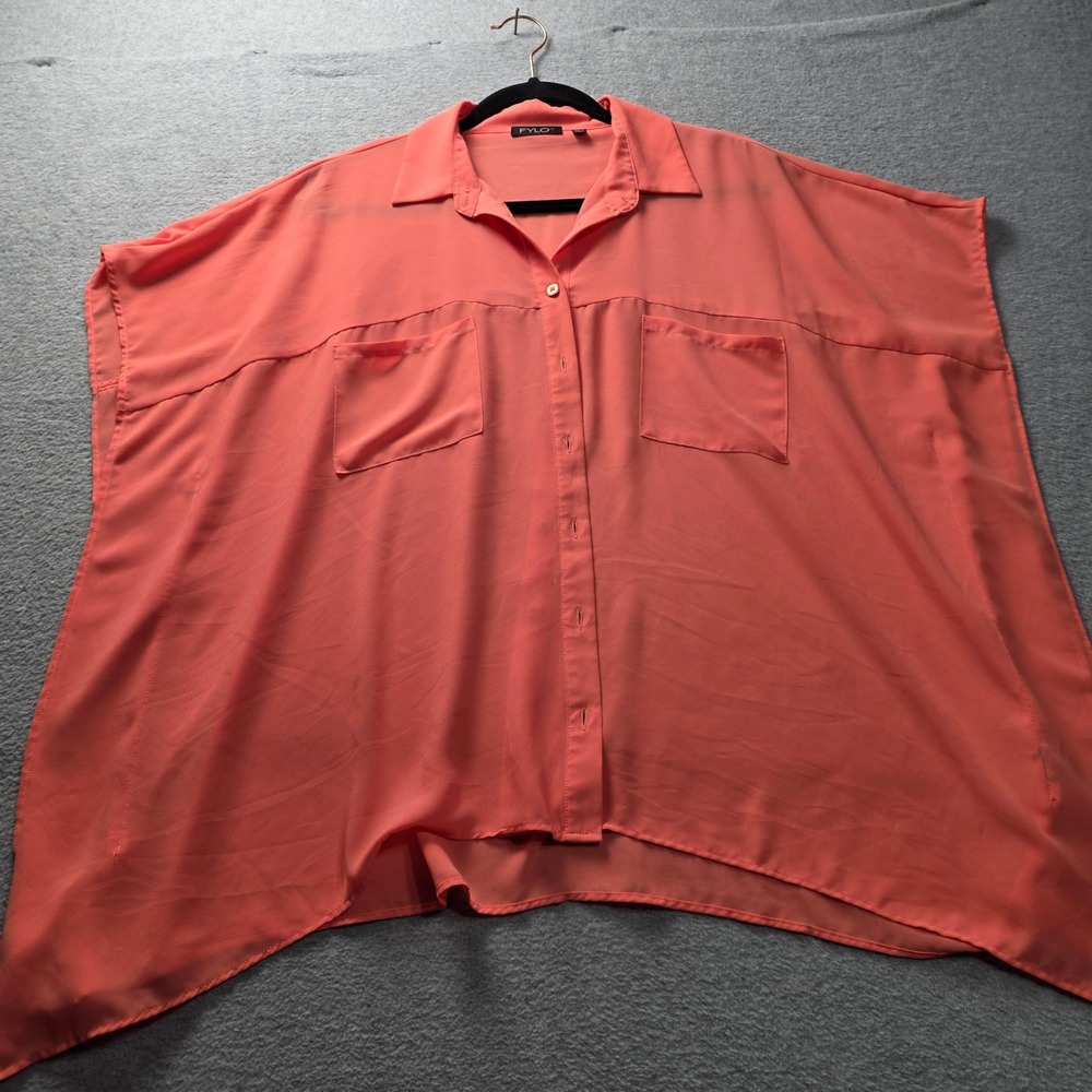 Coral Oversized Button Up Blouse Womens  XL Batwing Dolman Flowy FYLO